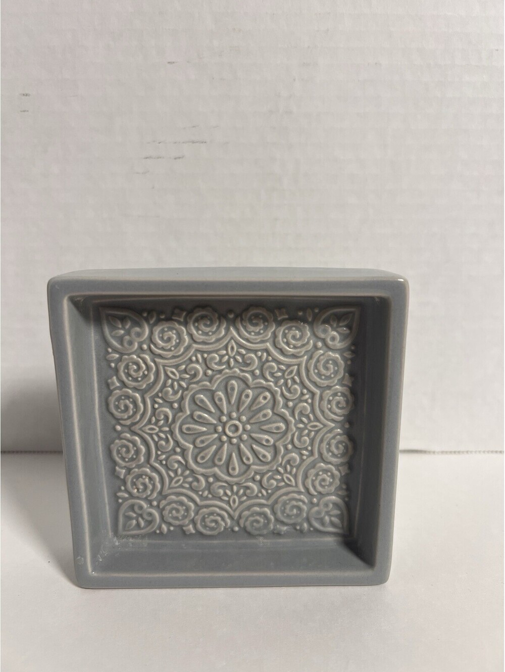 Gray Ceramic Soap Dish Square Embossed Floral Mandala Bathroom Decor